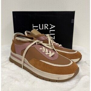 Naturalizer Women's Sneakers 9M Tan Pink White Leather & Fabric Upper Ties Remy
